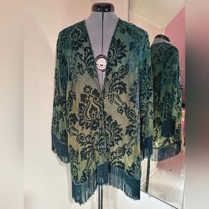 Boho Velvet Burnout Fringe Kimono Sweater - Green